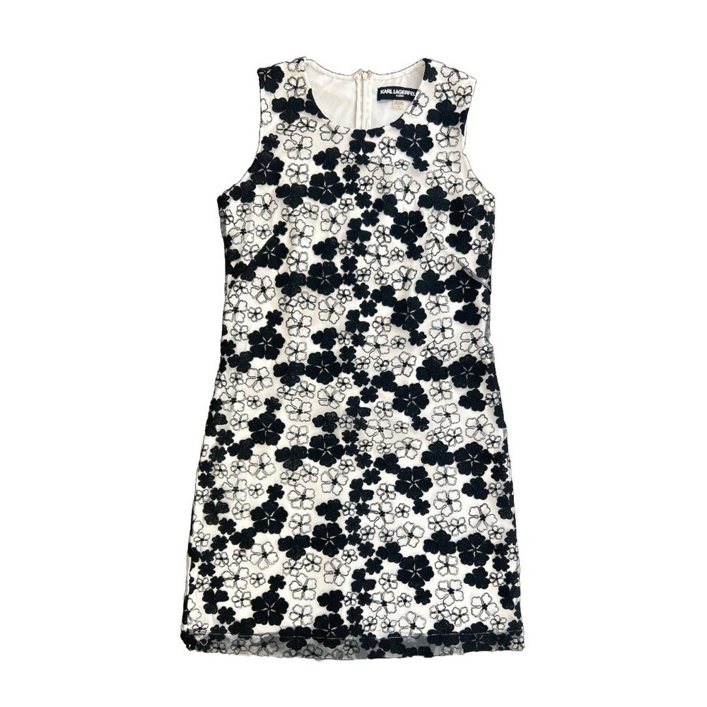 Karl Lagerfeld Paris Sheath Dress 8 Sleeveless White Black Floral Mesh Lined